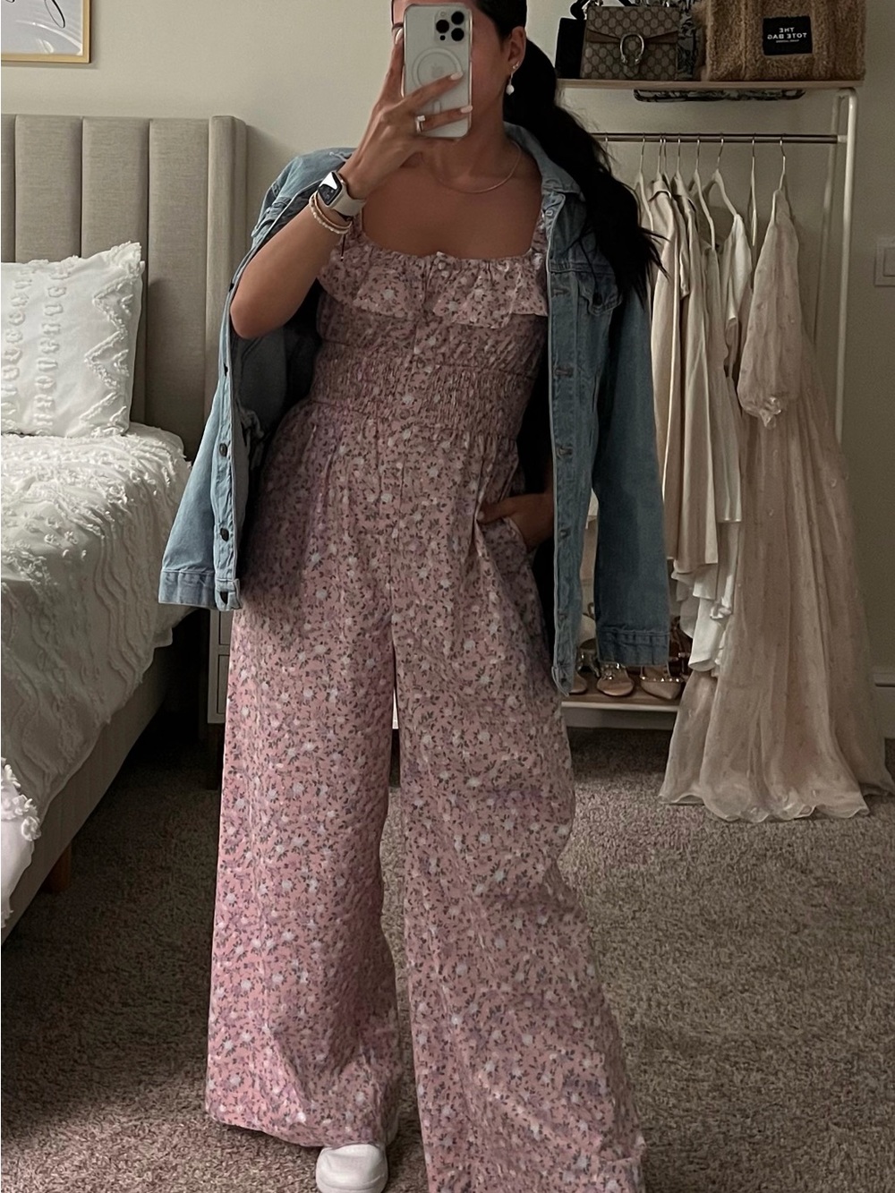Floral Smocked Wide-Leg Jumpsuit - Pink